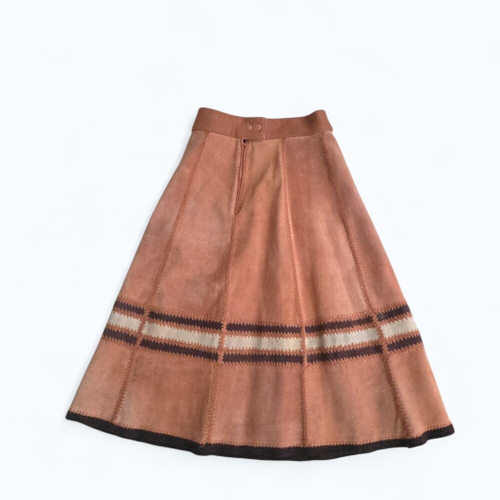 Vintage 70s Suede Leather Skirt Boho Midi Crochet Seams